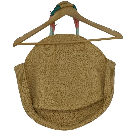 Circle straw rattan weaved bag beach tote white turquoise color striped handles - Picture 3 of 13